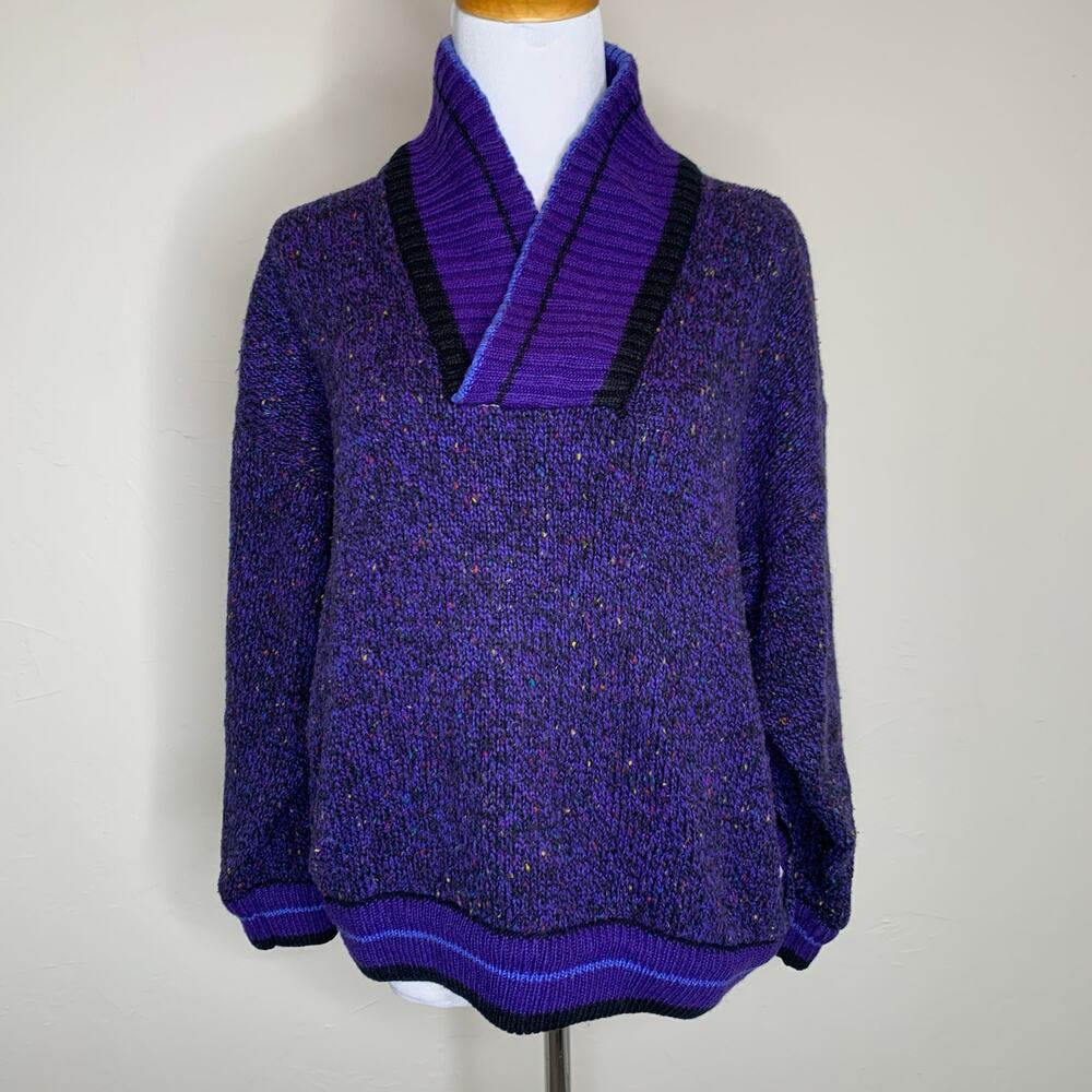 Vintage Purple Marled Heavy Sweater Shawl Collar Sz Medium